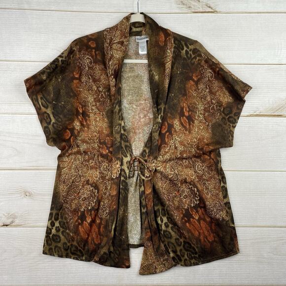 Chico's Cardigan Sz 2 L Brown Animal Print Tie Front USA Made Retro 90s Y2K Knit - Picture 1 of 10